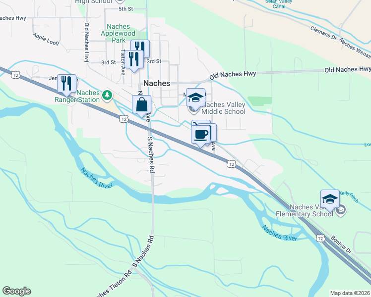 map of restaurants, bars, coffee shops, grocery stores, and more near 9981 U.S. 12 in Naches