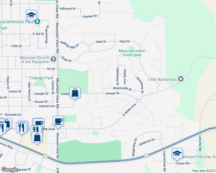 map of restaurants, bars, coffee shops, grocery stores, and more near 2221 Waymouth Street in Moscow