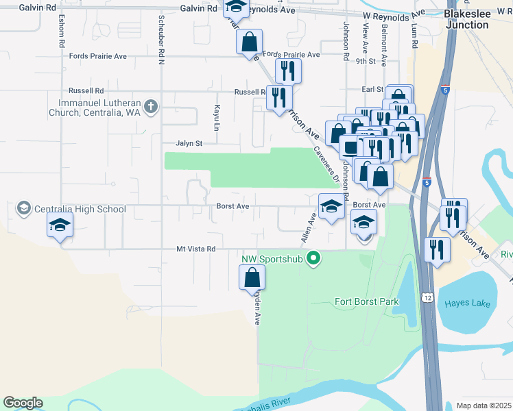map of restaurants, bars, coffee shops, grocery stores, and more near 2624 Borst Avenue in Centralia