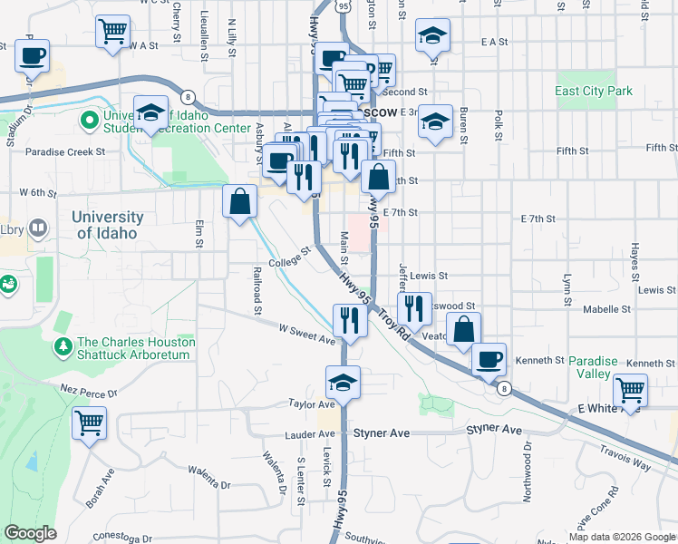 map of restaurants, bars, coffee shops, grocery stores, and more near Idaho 8 in Moscow