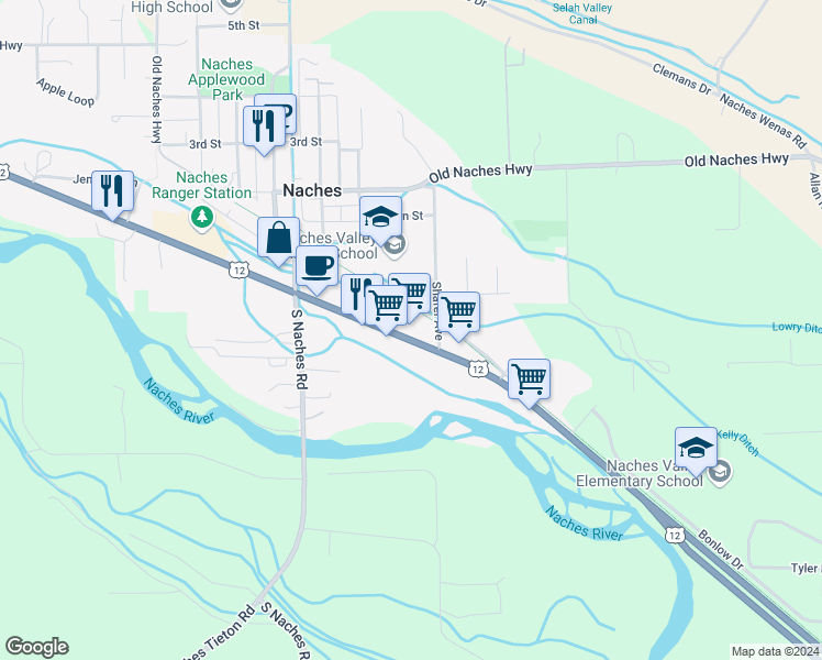 map of restaurants, bars, coffee shops, grocery stores, and more near 10237 U.S. 12 in Naches