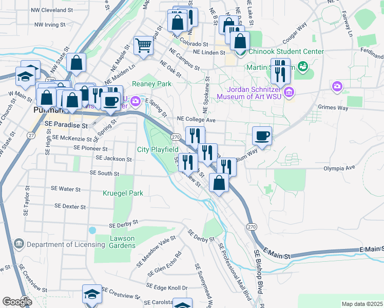 map of restaurants, bars, coffee shops, grocery stores, and more near 905 East Main Street in Pullman