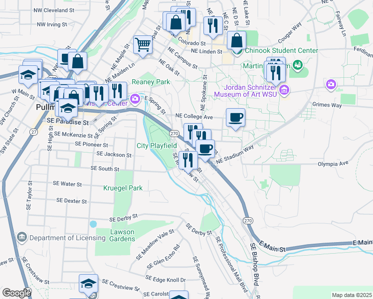 map of restaurants, bars, coffee shops, grocery stores, and more near 905 East Main Street in Pullman
