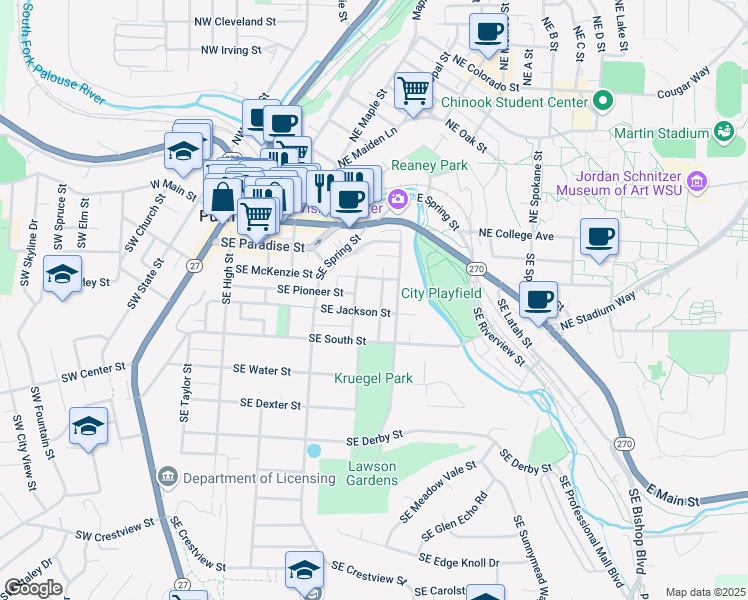 map of restaurants, bars, coffee shops, grocery stores, and more near 600-698 SE McKenzie St in Pullman