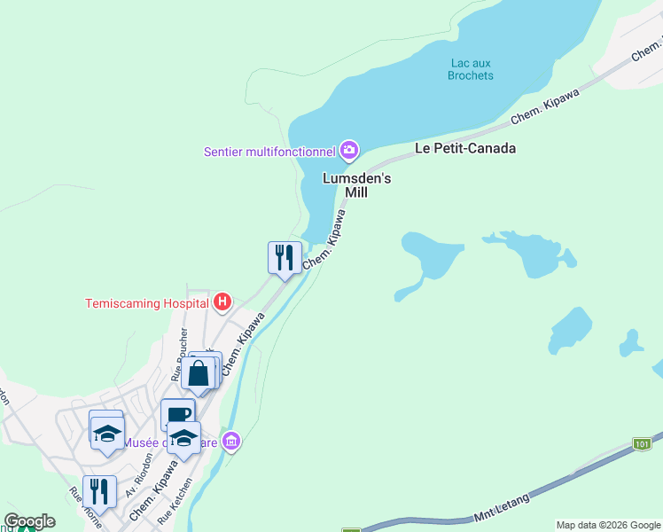 map of restaurants, bars, coffee shops, grocery stores, and more near 835 Chemin Kipawa in Témiscaming