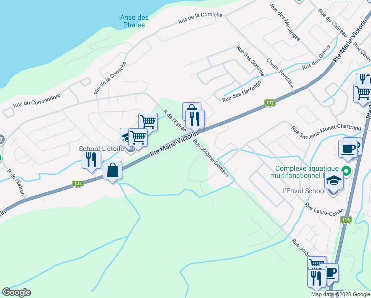 map of restaurants, bars, coffee shops, grocery stores, and more near 555 Rue Frédéric Back in Lã©Vis