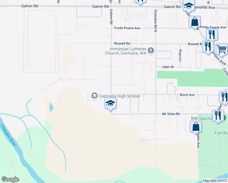 map of restaurants, bars, coffee shops, grocery stores, and more near 1013 Eshom Road in Centralia