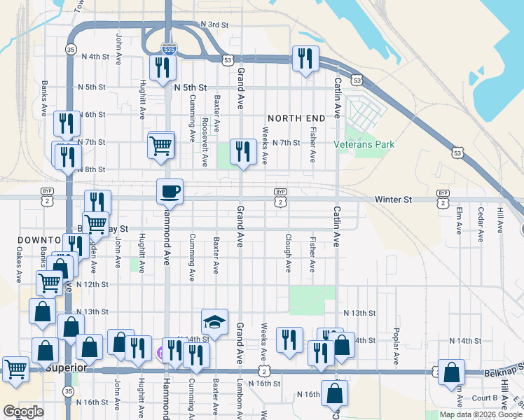map of restaurants, bars, coffee shops, grocery stores, and more near 1011 Winter Street in Superior