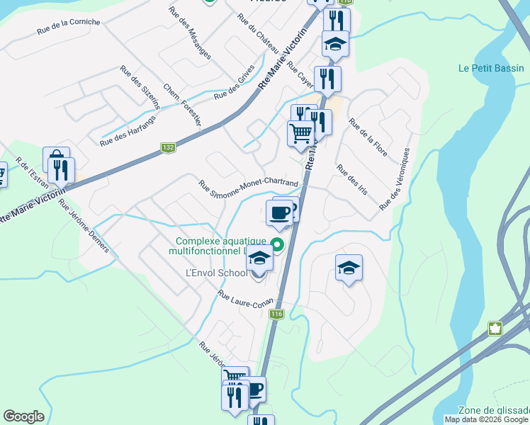 map of restaurants, bars, coffee shops, grocery stores, and more near 965 Route des Rivières in Lévis