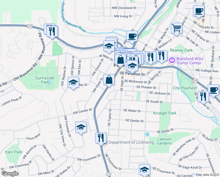 map of restaurants, bars, coffee shops, grocery stores, and more near 300 South Grand Avenue in Pullman