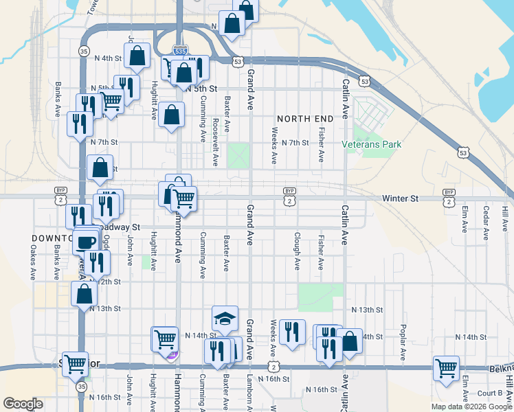 map of restaurants, bars, coffee shops, grocery stores, and more near 1011 Winter Street in Superior