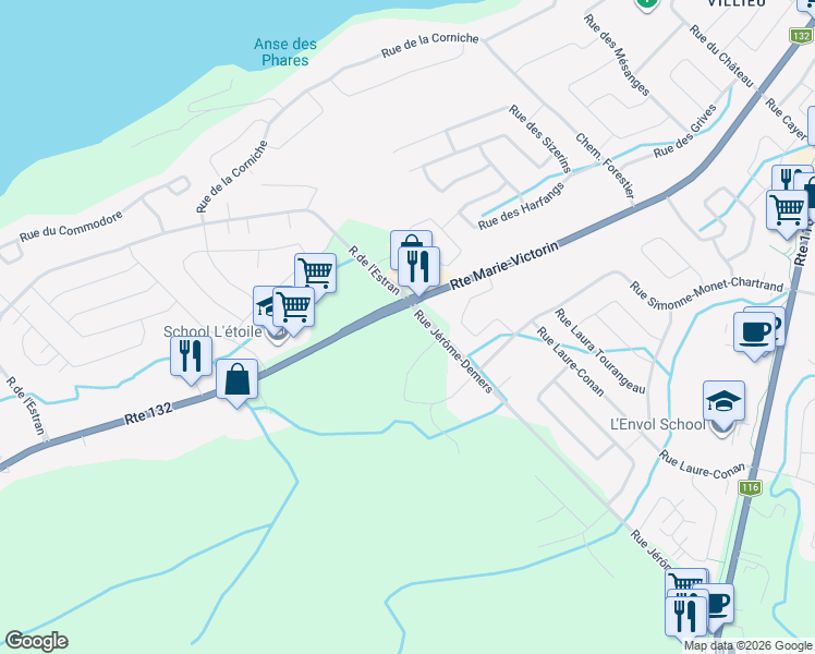 map of restaurants, bars, coffee shops, grocery stores, and more near 555 Rue Frédéric Back in Lã©Vis