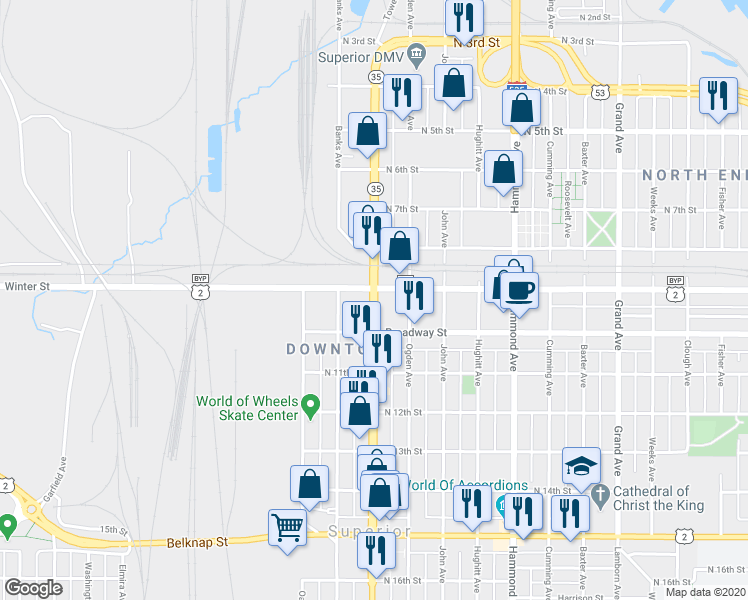 map of restaurants, bars, coffee shops, grocery stores, and more near 927 Tower Avenue in Superior