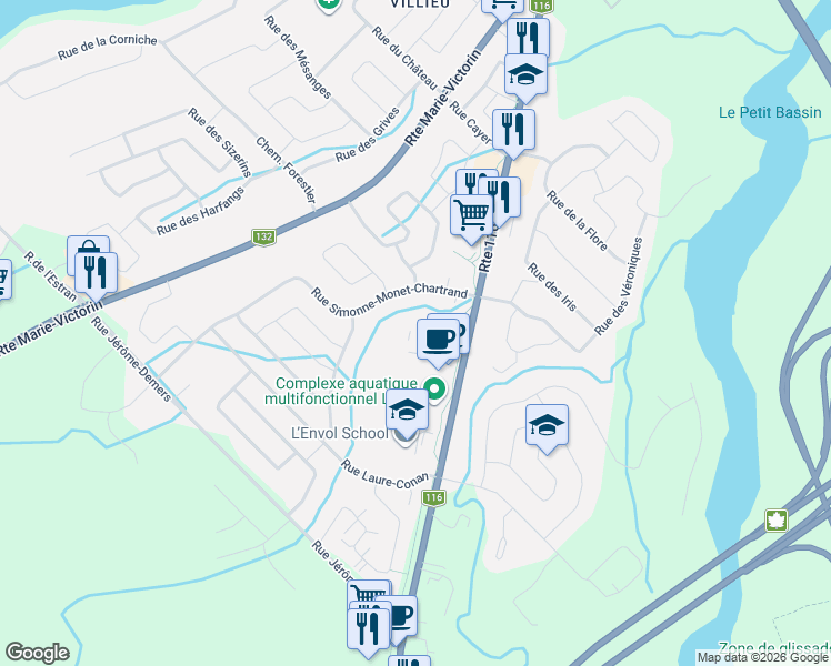 map of restaurants, bars, coffee shops, grocery stores, and more near 965 Route des Rivières in Lévis