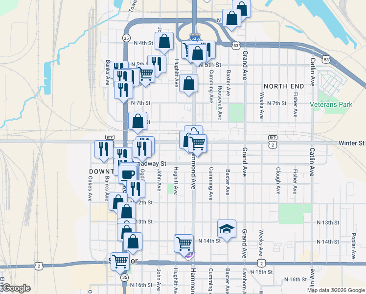 map of restaurants, bars, coffee shops, grocery stores, and more near 821 Hammond Avenue in Superior