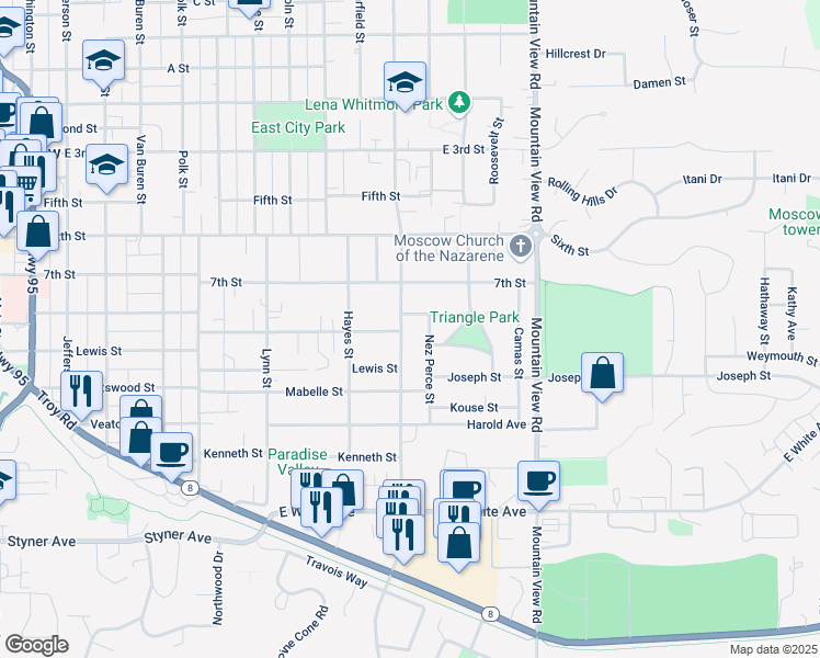 map of restaurants, bars, coffee shops, grocery stores, and more near 1005 East 8th Street in Moscow
