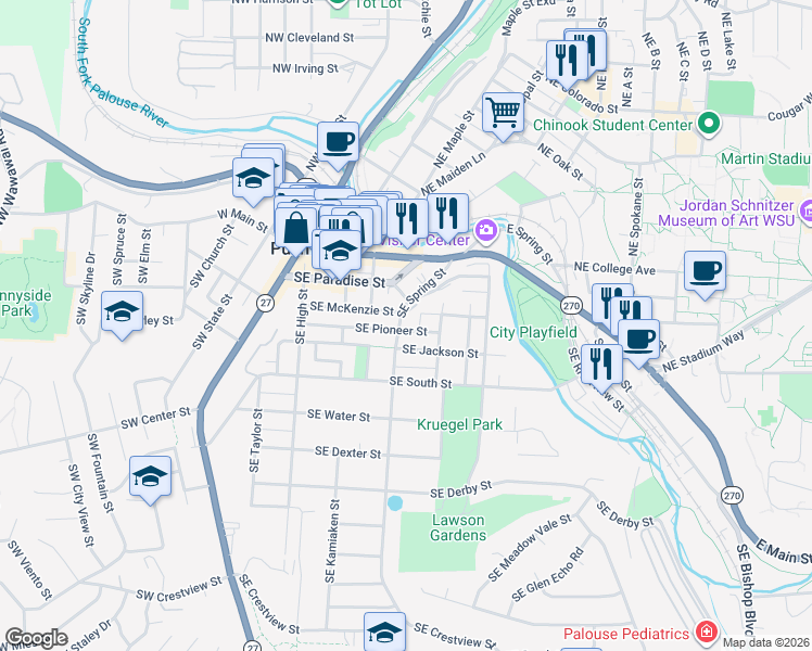 map of restaurants, bars, coffee shops, grocery stores, and more near 540 Southeast McKenzie Street in Pullman