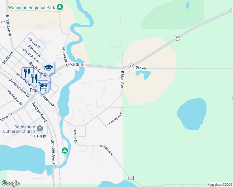 map of restaurants, bars, coffee shops, grocery stores, and more near 809 East Main Avenue in Frazee