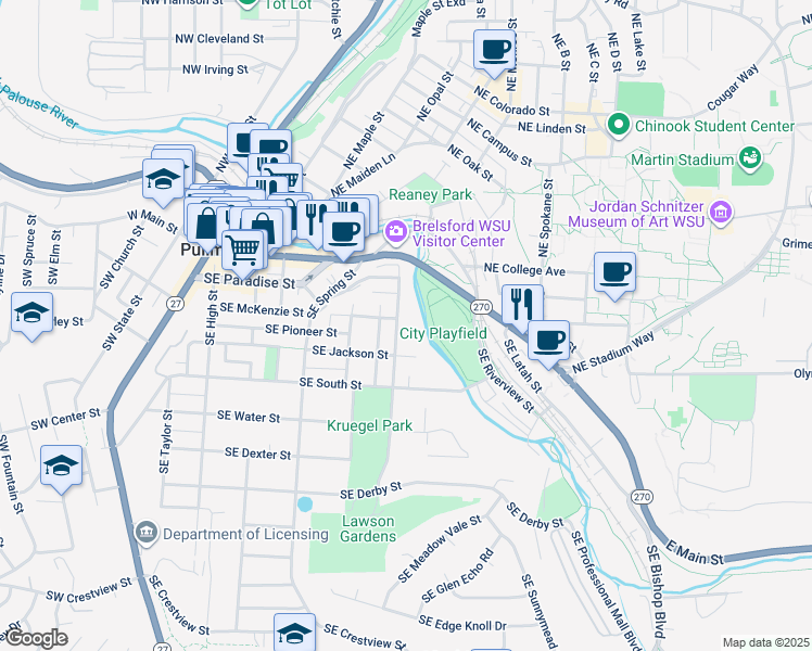 map of restaurants, bars, coffee shops, grocery stores, and more near in Pullman