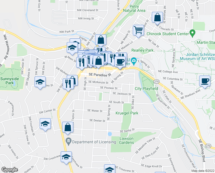 map of restaurants, bars, coffee shops, grocery stores, and more near 420 Southeast Pioneer Street in Pullman