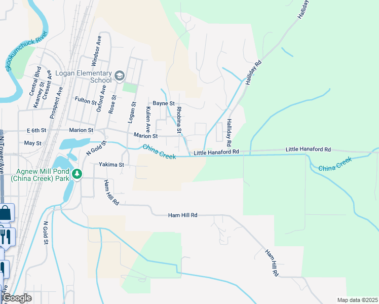 map of restaurants, bars, coffee shops, grocery stores, and more near 1112 Little Hanaford Road in Centralia