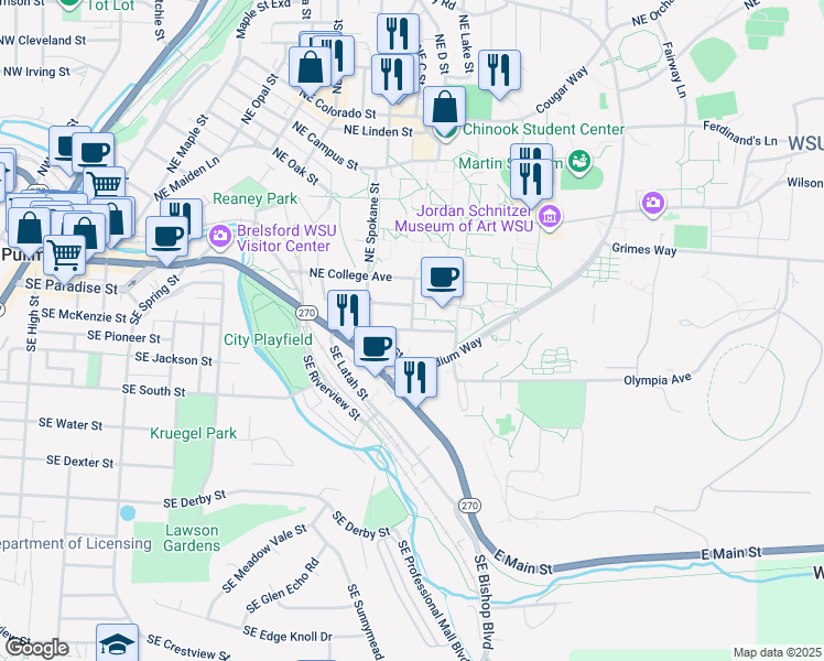map of restaurants, bars, coffee shops, grocery stores, and more near Northeast Washington Street in Pullman