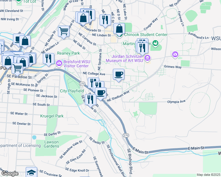 map of restaurants, bars, coffee shops, grocery stores, and more near Northeast Washington Street in Pullman