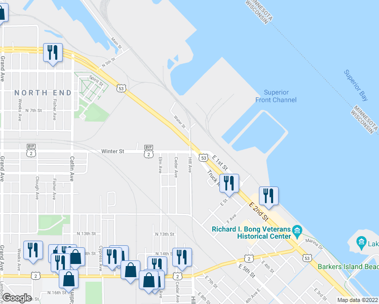 map of restaurants, bars, coffee shops, grocery stores, and more near 2 Winter Street in Superior