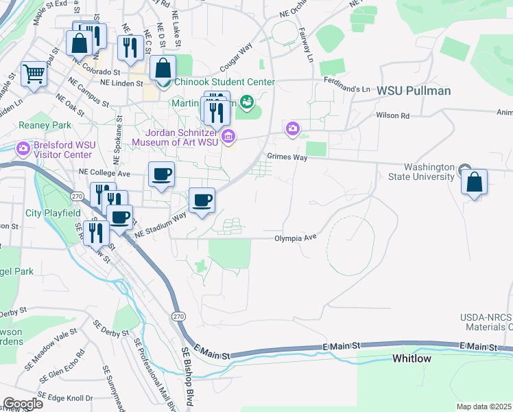 map of restaurants, bars, coffee shops, grocery stores, and more near 1395 Northeast Stadium Way in Pullman