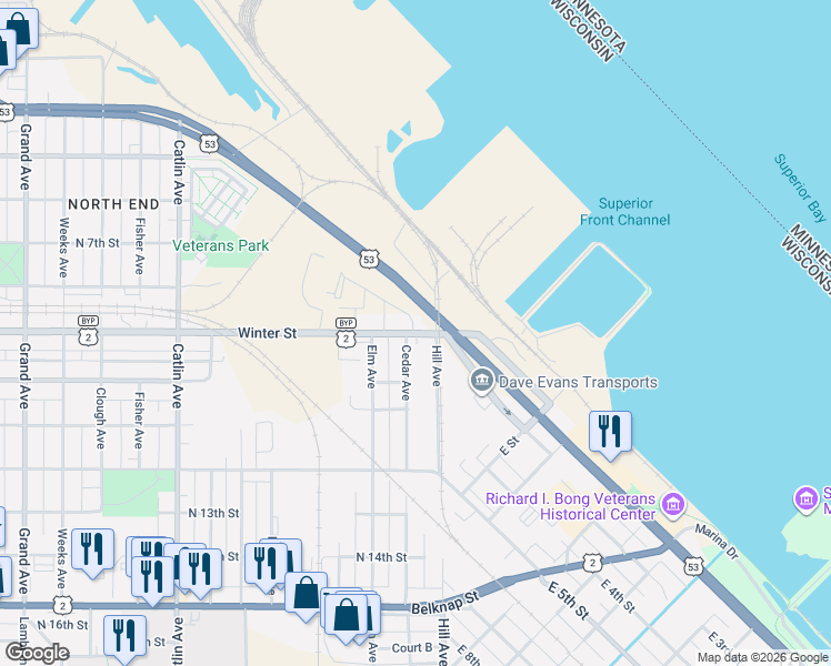 map of restaurants, bars, coffee shops, grocery stores, and more near 17 Winter Street in Superior