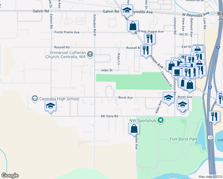 map of restaurants, bars, coffee shops, grocery stores, and more near 3007 Borst Avenue in Centralia