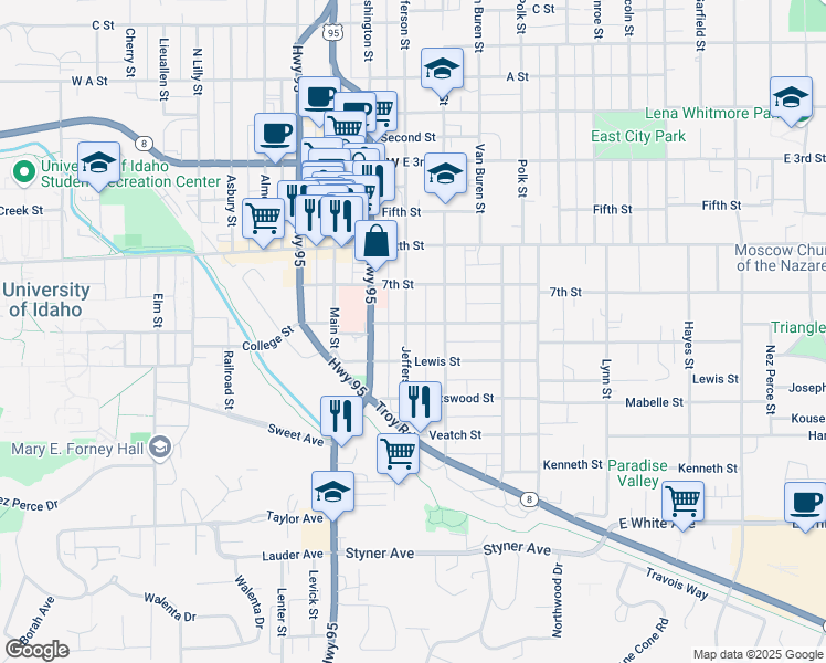 map of restaurants, bars, coffee shops, grocery stores, and more near 806 South Jefferson Street in Moscow