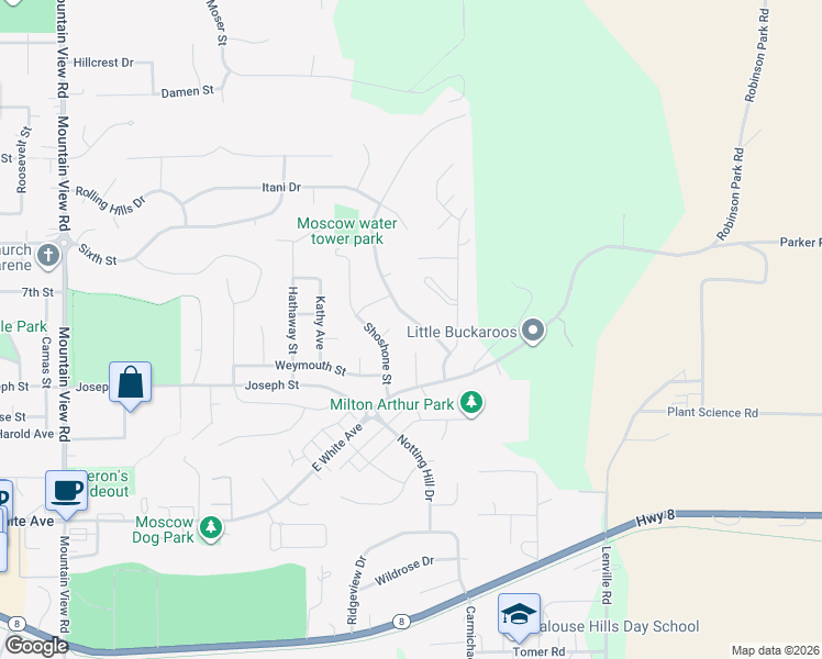 map of restaurants, bars, coffee shops, grocery stores, and more near 805 Panorama Drive in Moscow