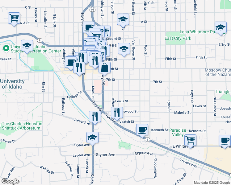 map of restaurants, bars, coffee shops, grocery stores, and more near 806 South Jefferson Street in Moscow