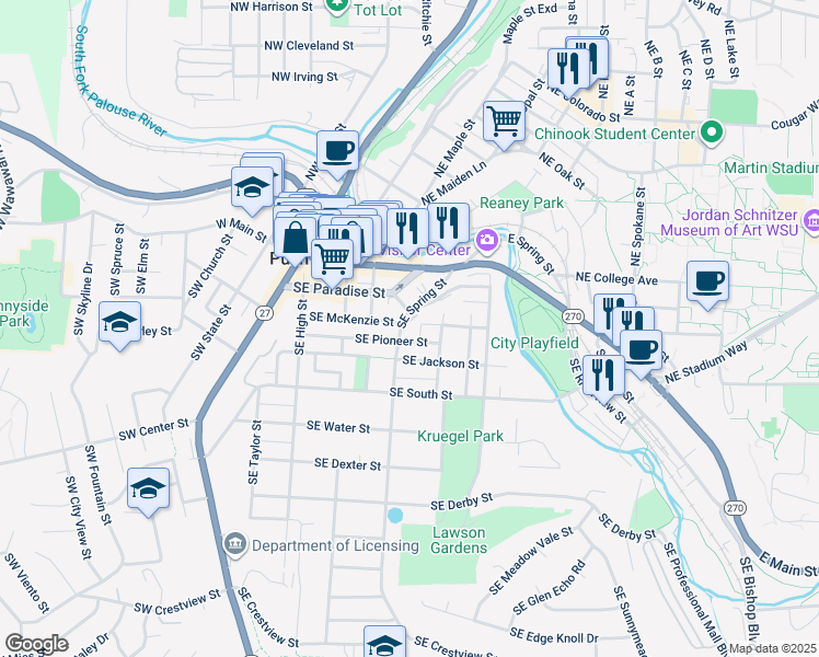 map of restaurants, bars, coffee shops, grocery stores, and more near 540 Southeast McKenzie Street in Pullman
