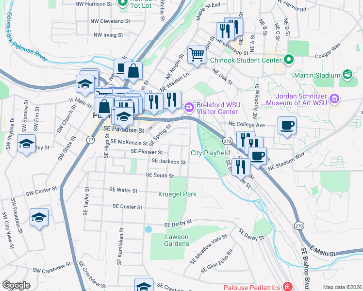 map of restaurants, bars, coffee shops, grocery stores, and more near Southeast McKenzie Street & Southeast Gladstone Street in Pullman