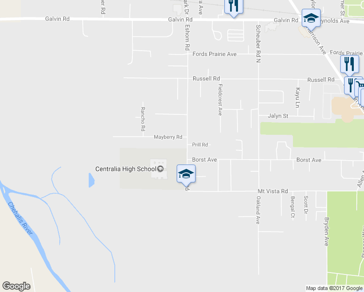 map of restaurants, bars, coffee shops, grocery stores, and more near 1013 Eshom Road in Centralia