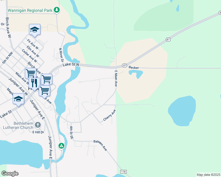 map of restaurants, bars, coffee shops, grocery stores, and more near 809 East Main Avenue in Frazee