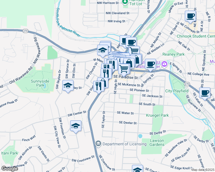 map of restaurants, bars, coffee shops, grocery stores, and more near 300 South Grand Avenue in Pullman