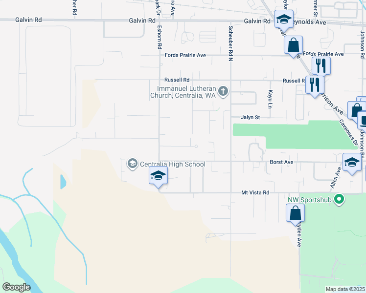 map of restaurants, bars, coffee shops, grocery stores, and more near 3294 Prill Road in Centralia