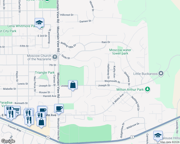 map of restaurants, bars, coffee shops, grocery stores, and more near 810 Meadow Street in Moscow