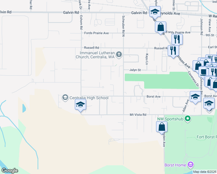 map of restaurants, bars, coffee shops, grocery stores, and more near 3210 McKinley Lane West in Centralia