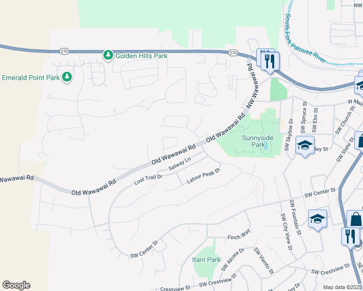 map of restaurants, bars, coffee shops, grocery stores, and more near 1257 Big Sky Court in Pullman