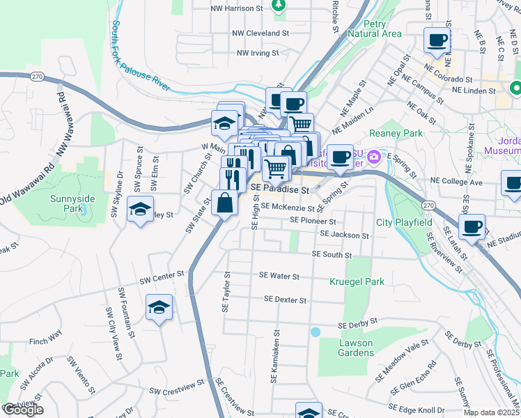 map of restaurants, bars, coffee shops, grocery stores, and more near 310 Southeast High Street in Pullman