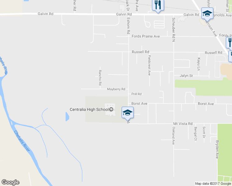 map of restaurants, bars, coffee shops, grocery stores, and more near 3602 Mayberry Road in Centralia