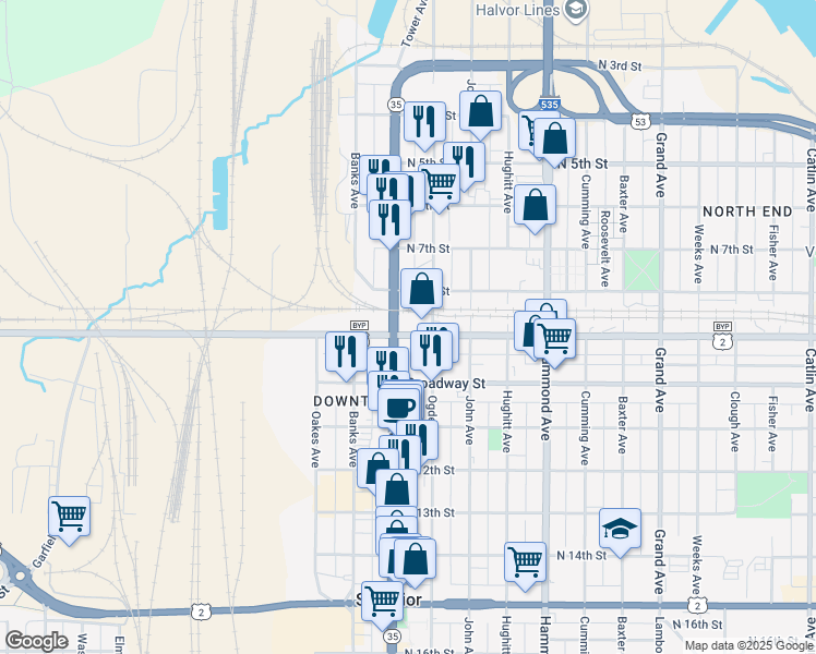 map of restaurants, bars, coffee shops, grocery stores, and more near 1709 Winter Street in Superior