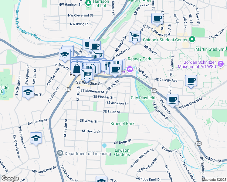 map of restaurants, bars, coffee shops, grocery stores, and more near 540 Southeast McKenzie Street in Pullman