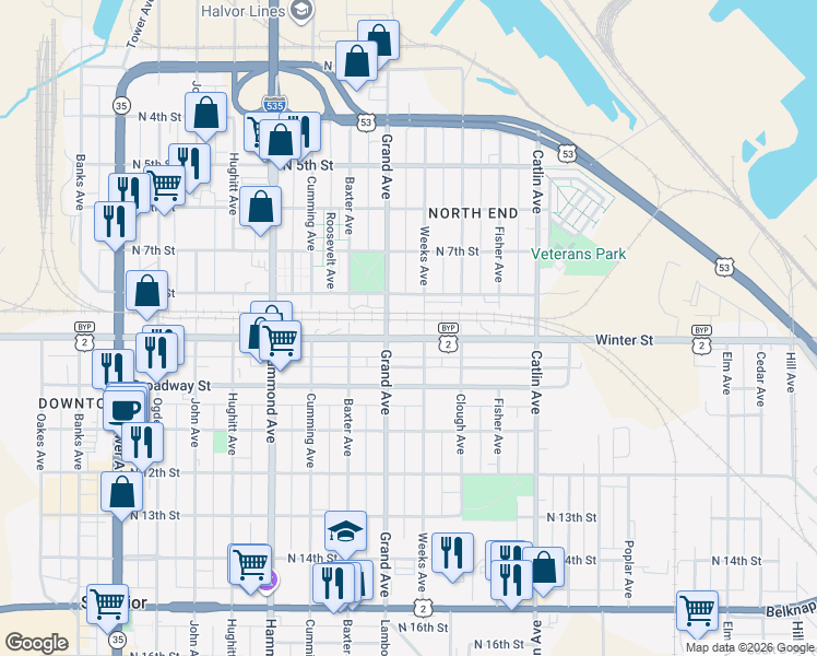 map of restaurants, bars, coffee shops, grocery stores, and more near 1011 Winter Street in Superior
