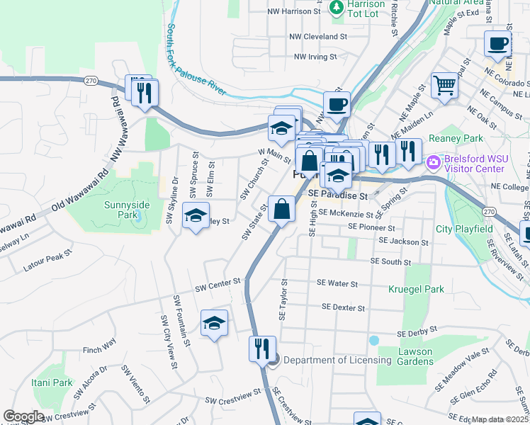 map of restaurants, bars, coffee shops, grocery stores, and more near 338 Southwest State Street in Pullman