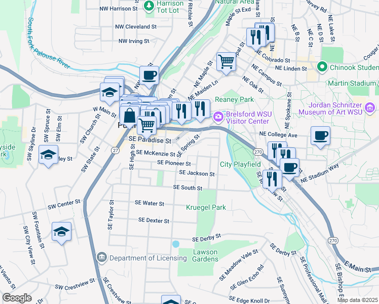map of restaurants, bars, coffee shops, grocery stores, and more near 540 Southeast McKenzie Street in Pullman